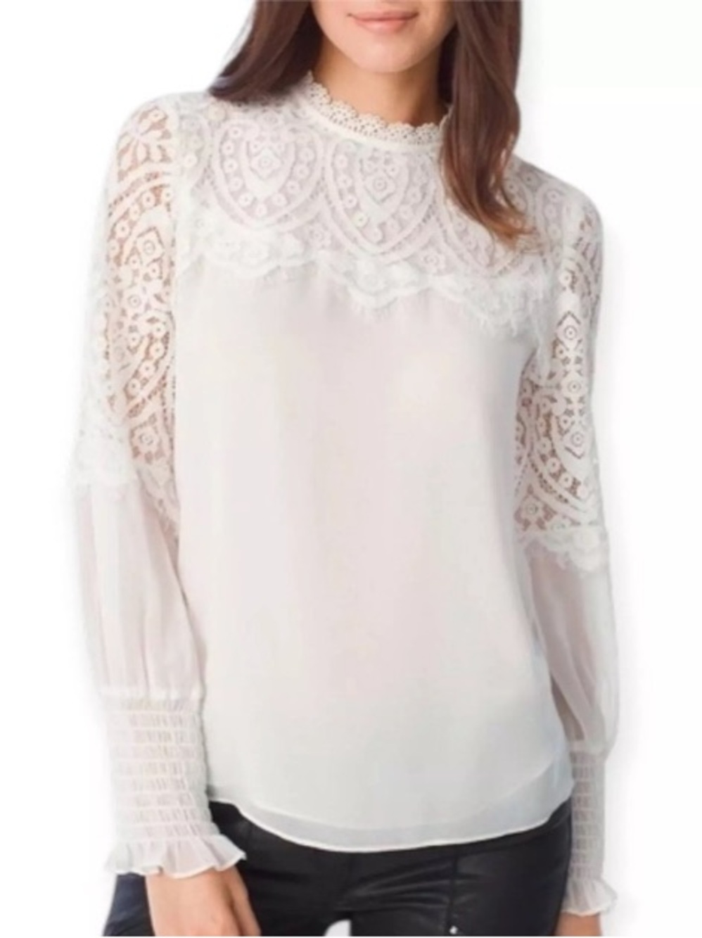 White Lace Yoke Long-Sleeve Blouse